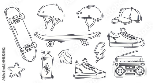 Skateboard and Accessories Doodle Collection for Urban Lifestyle and Youth Culture.