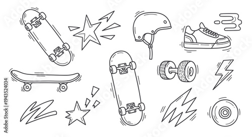 Skateboard and Accessories Doodle Collection.