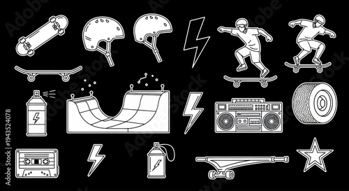 Skateboarding and Urban Culture Elements Hand Drawn Illustration Set.