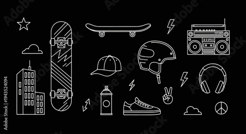 Skateboarding and Urban Culture Outline Icons Set.