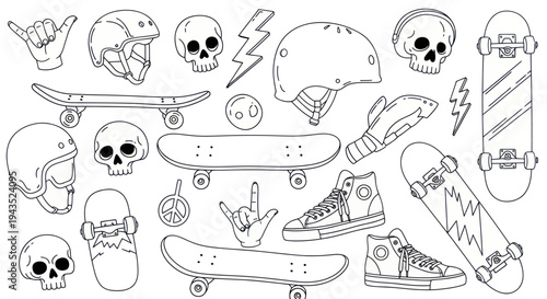 Skateboarding Culture Doodle Art Collection with Skulls and Skate Gear.