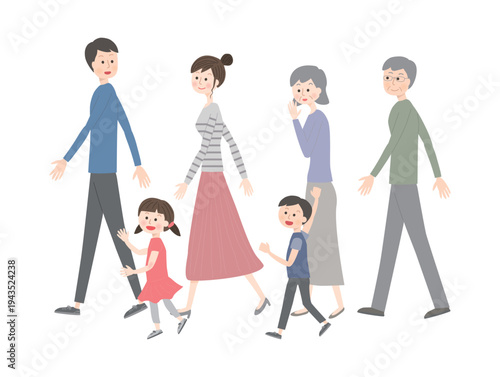 歩いている三世代家族