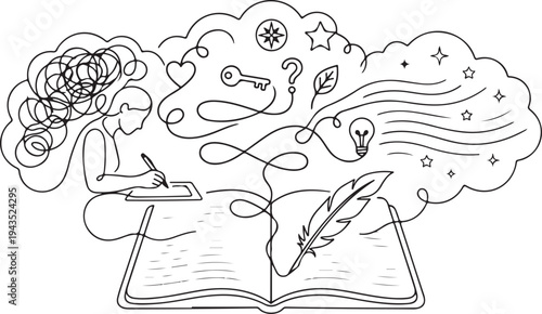 Minimalist Line Art Illustration of a Person Journaling, Organizing Chaotic Thoughts into Clear Ideas and Creative Writing, Mental Health, Self Reflection, and Brainstorming Concept