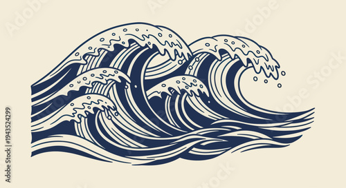 Stylized Japanese Great Wave Off Kanagawa Ocean Waves Illustration.