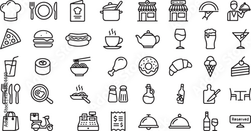 Set of restaurant and food line icons for menu and cafe design, including fast food, drinks, desserts, and kitchen tools