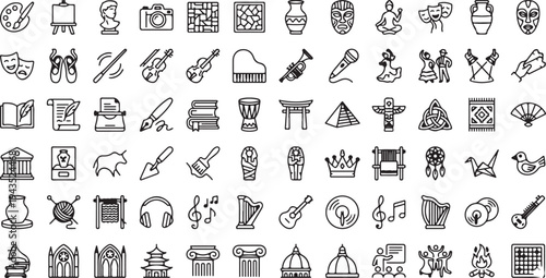 Arts and Cultural Heritage Icon Set - History, Music, and Fine Arts Line Symbols including Archaeology, Theater, and Global Traditions