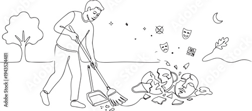 Conceptual one-line drawing of a man sweeping away broken theatrical masks, symbolizing authenticity, self discovery and mental health growth, minimalist illustration of shedding personas