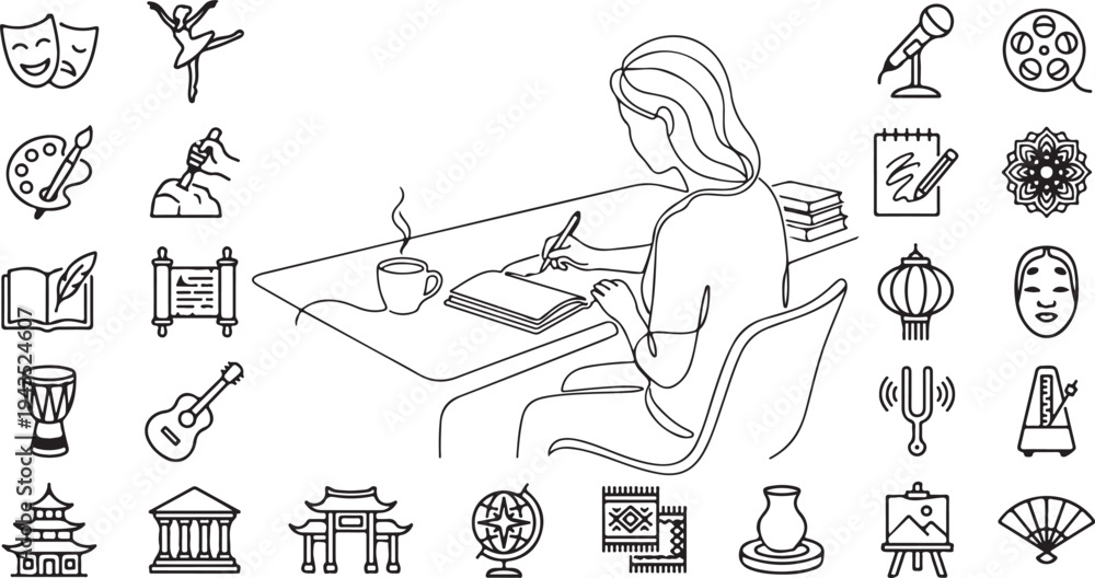 Obraz premium Continuous Line Drawing of a Woman Writing at a Desk Surrounded by Arts, Culture, and Creativity Icons including Music, Painting, Literature, and World Landmarks