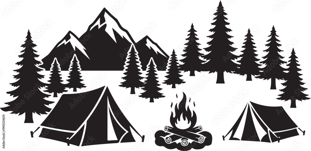 Fototapeta premium Camping in the mountains with tents and campfire silhouette