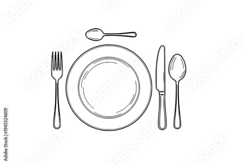 Cutlery setting with plate fork knife spoon black and white cartoon outline silverware vector illustration