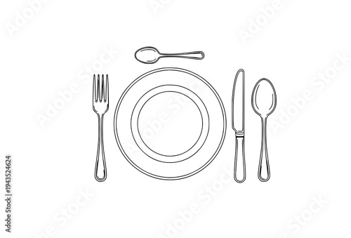 Cutlery setting with plate fork knife spoon black and white cartoon outline silverware vector illustration