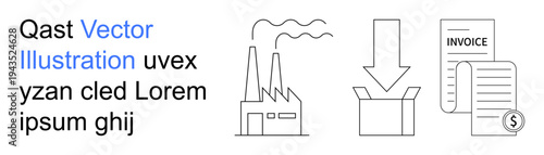 Business operations, shipping logistics, production, industrial processes, invoicing, financial transactions. Factory emitting smoke, box with down arrow and invoice document. Business operations
