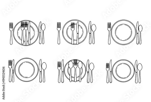 Banquet silverware setting vector set with plate fork knife spoon black outline cartoon icons
