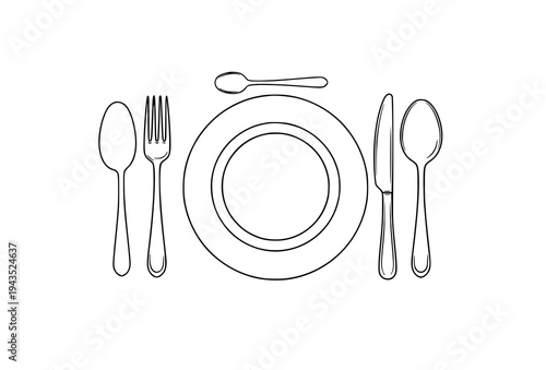 Wedding banquet cutlery setting with plate fork knife spoon monochrome outline vector illustration