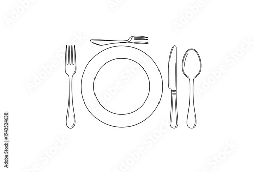 Wedding banquet cutlery setting with plate fork knife spoon monochrome outline vector illustration