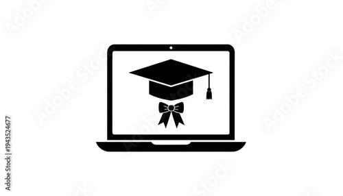 A silhouette of a laptop displaying a graduation cap with a tassel and a bow. The background is pure white