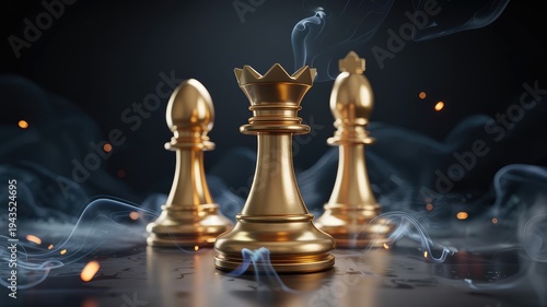Three shimmering golden chess pieces pawn queen bishop on a dark smoky surface with embers
