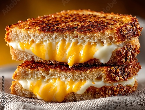 High contrast gourmet grilled cheese sandwich with crispy sourdough bread and dramatic melted cheddar on vibrant yellow studio background