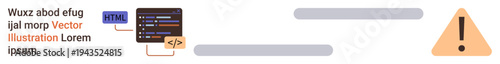 Web development, error detection, coding, debugging, programming, digital troubleshooting. HTML code with a warning icon. Web development and error detection
