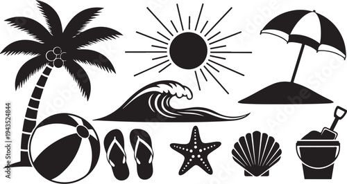 Beach Vacation Icons and Summer Symbols in Black Silhouette