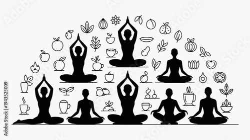 A minimalist vector graphic illustration of people meditating in yoga poses surrounded by fruits and vegetables