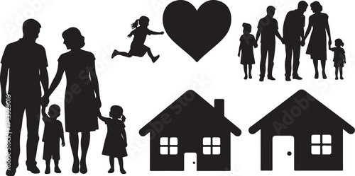 Family Silhouettes with Houses and Heart Symbols Together