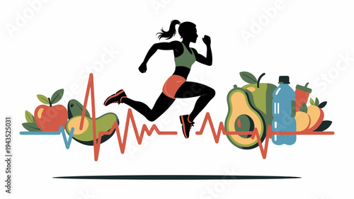 A fit woman running with fruits and vegetables, surrounded by a heartbeat line, symbolizing healthy lifestyle and wellness.