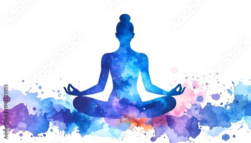 A silhouette of a person in lotus position, filled with a galaxy design, sits upon colorful watercolor splashes