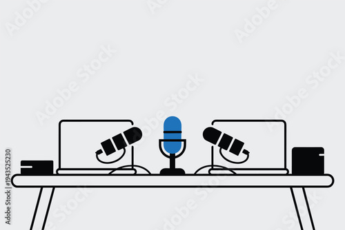 Three microphones facing center blue microphone in minimalist podcast setup.