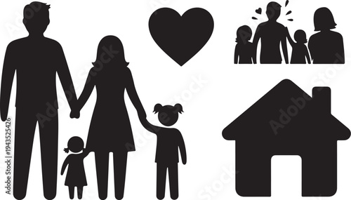 Family Silhouettes with Heart and House Icons Vector Graphic