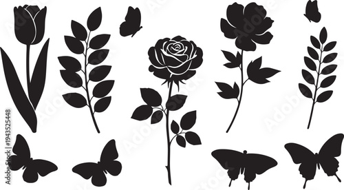 Black silhouettes of flowers and butterflies on white background