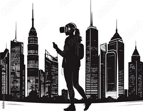 A silhouette of a person wearing a VR headset and backpack walking through a cityscape, holding a phone