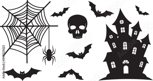 Halloween icons including haunted house and spooky creatures silhouette