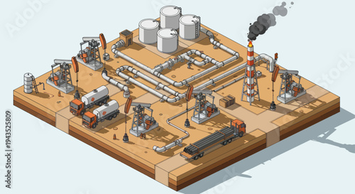 Industrial Oil Refinery Complex with Storage Tanks and Smokestacks.