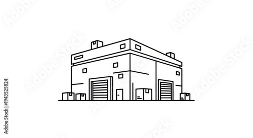 Industrial Warehouse Building Line Art Illustration with Boxes.