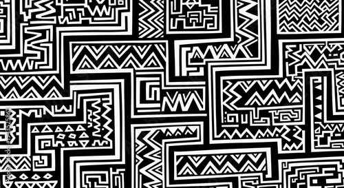 Intricate Black and White Geometric Maze Pattern Design.