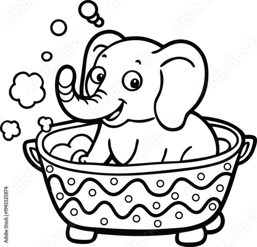 A cartoon elephant taking a bath in a decorative tub