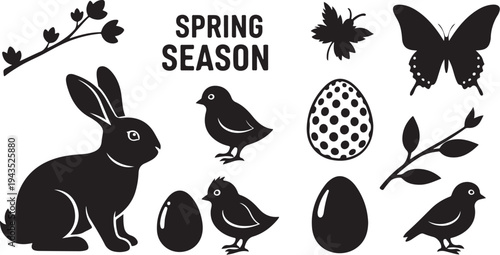 Spring season icons with rabbit, birds, and eggs illustration