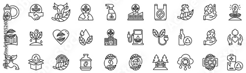 Eco Friendly World icons collection. Vector illustration. Dishwashing, Agreement, Beef, Responsibility, Cleaner, Factory, Plastic. Pro Vector