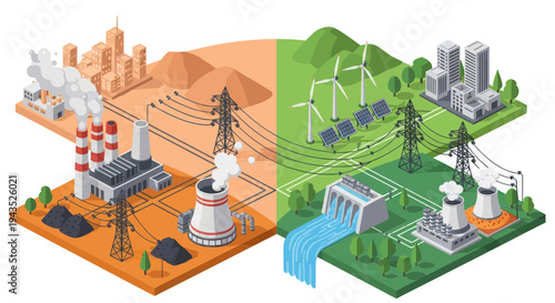 Isometric Comparison of Traditional Fossil Fuel and Renewable Energy Sources.