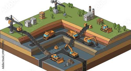 Isometric Cross Section of a Construction Site with Earth Layers and Heavy Machinery.