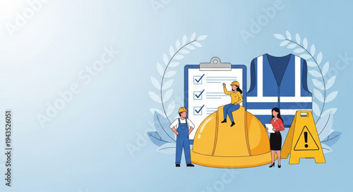 Work Safety Day Comprehensive workplace safety training and industrial health compliance illustration featuring essential personal protective equipment and a checklist for a secure working environment