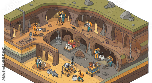 Isometric Cross-Section of an Underground Cave System with Scientists and Archeologists.