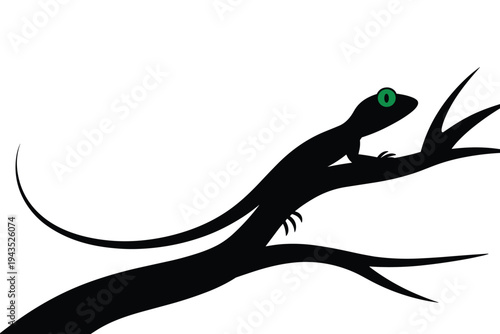 Lizard silhouette with bright green eye perched on tree branch.
