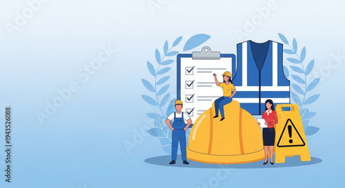 Work Safety Day Professional Workers in Construction Industry Ensuring Workplace Safety Compliance with Essential Protective Equipment and Adhering to Health Regulations