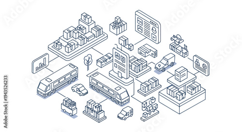 Isometric Logistics and Transportation Network with Vehicles and Packages.