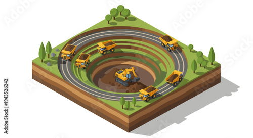 Isometric mining operation with circular railway and excavators.