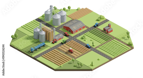 Isometric Low Poly Farm Landscape with Fields and Buildings.