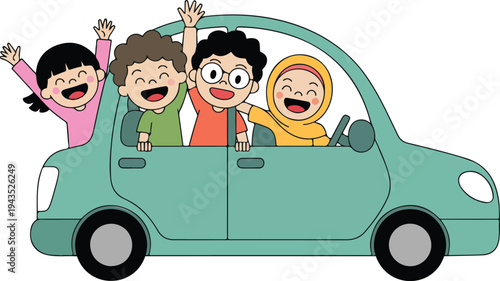 Cartoon illustration of happy children riding in mint green car with joyful expressions in clean flat vector style