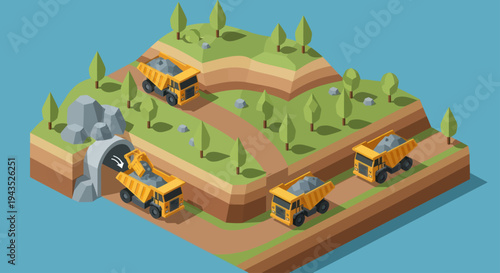 Isometric Mining Operation with Dump Trucks and Tunnel.